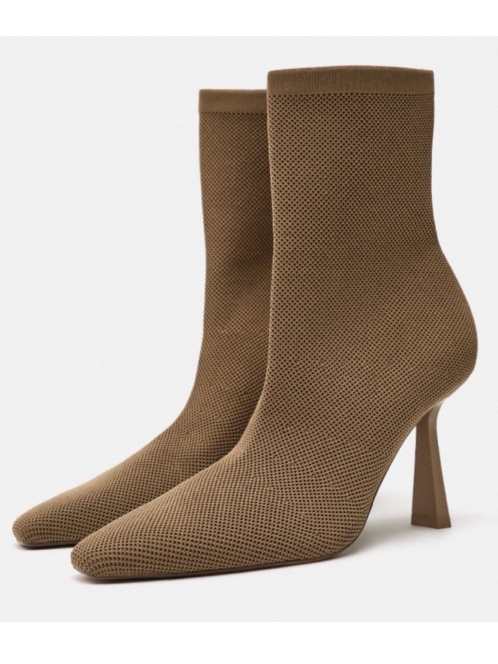 Zara Knit Sock Ankle Boots in Tan with Sculpted Heel